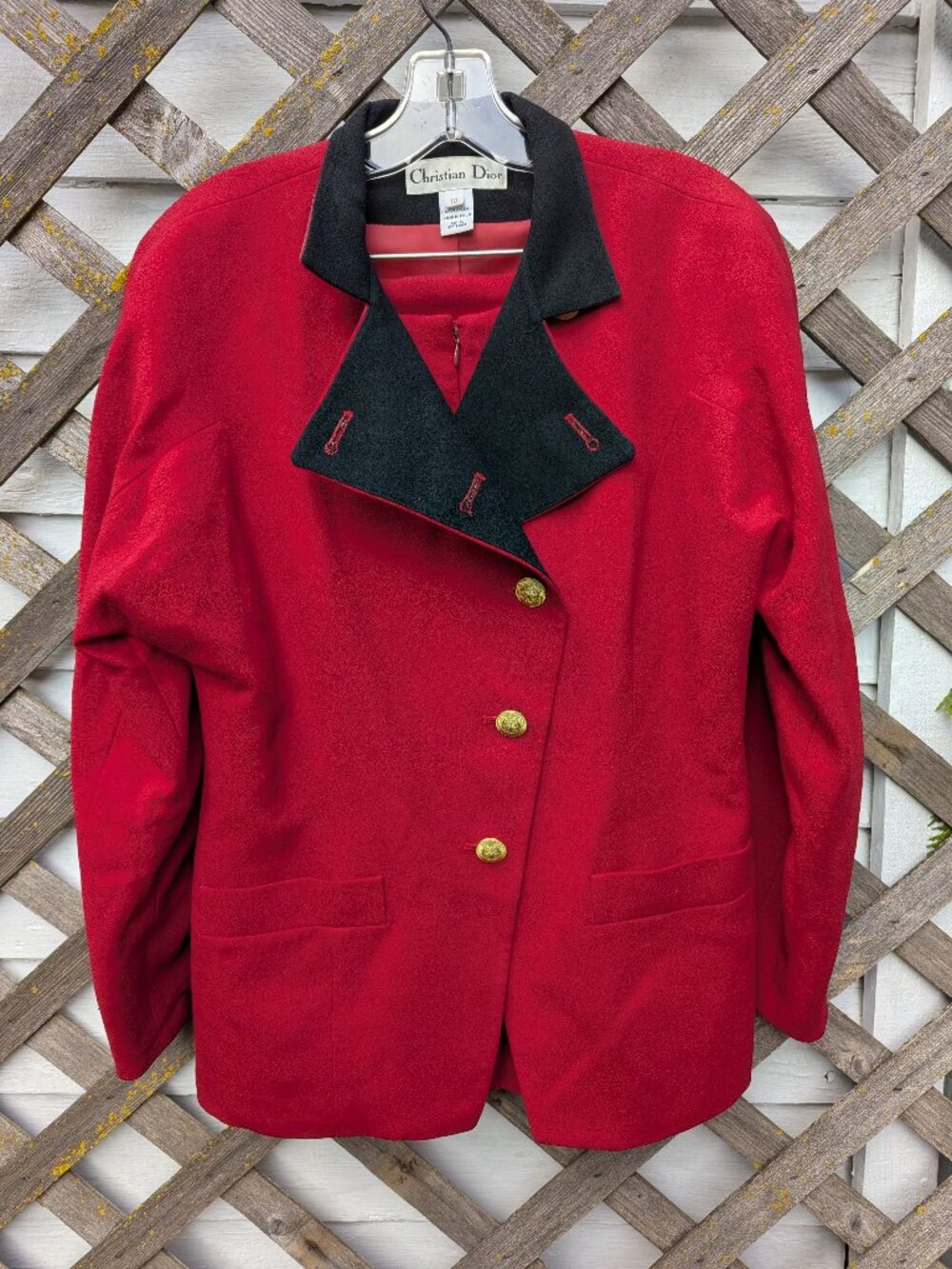 Vintage Christian Dior Boutique Red Wool Skirt Suit Set Military Style Size 10